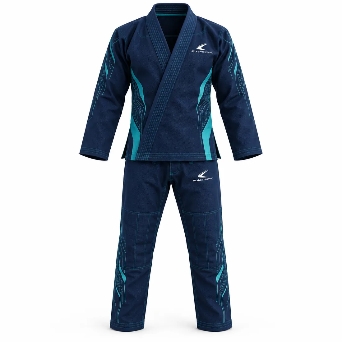 Deep navy BJJ gi with teal circuit-line trim panels, Teal Circuit gi for humid climates, front view