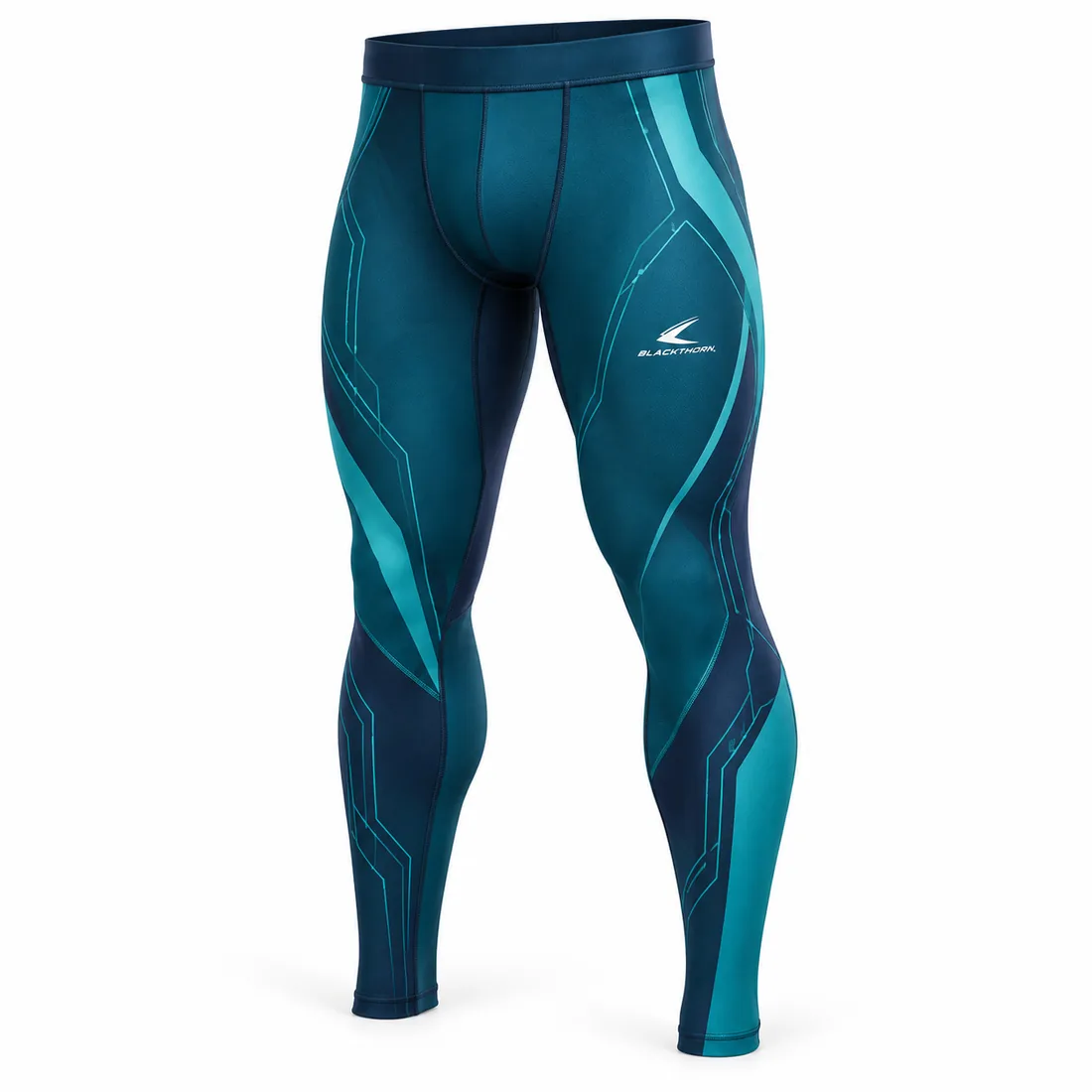 Deep navy full-length grappling spats with teal circuit-line panels, side view
