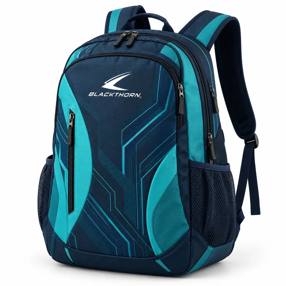 Deep navy sports backpack with teal circuit-line panels, air-mesh back and side mesh bottle pockets