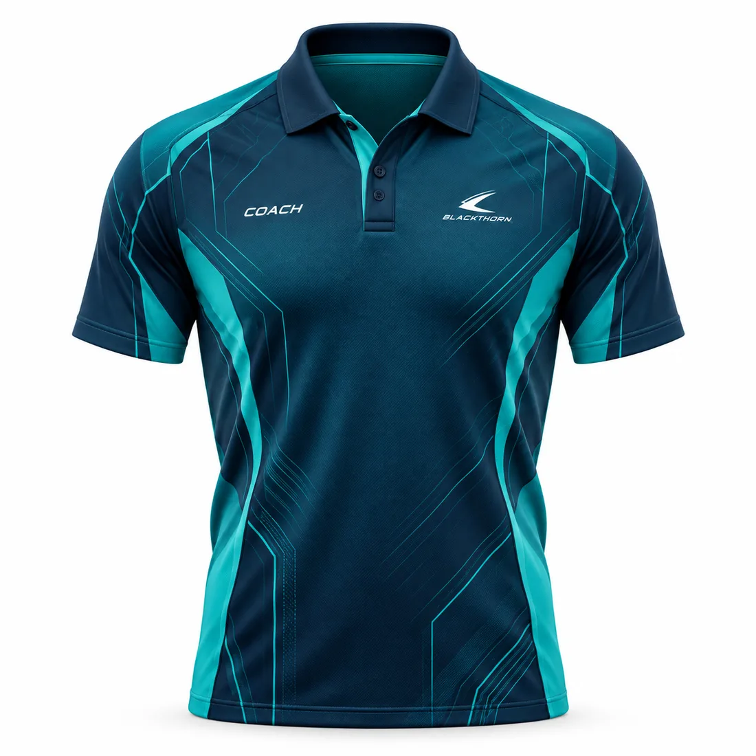Deep navy coach polo shirt with teal circuit-line panels and COACH chest print, front view