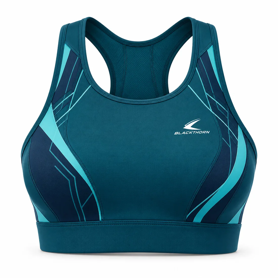 Deep navy sports bra with teal circuit-line side panels, sublimated hot-weather training design