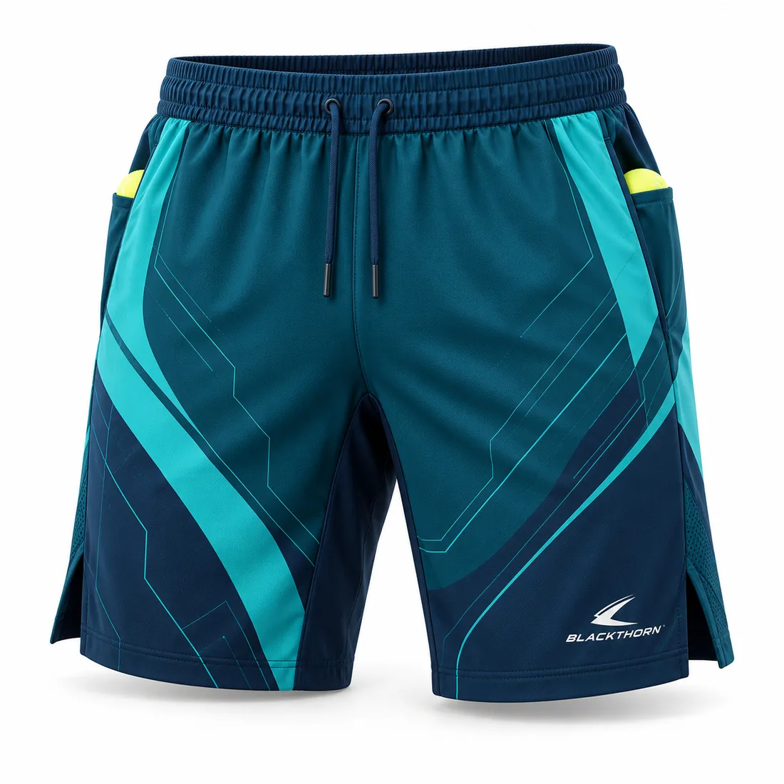 Deep navy padel shorts with teal circuit-line graphics down the leg and side ball pockets