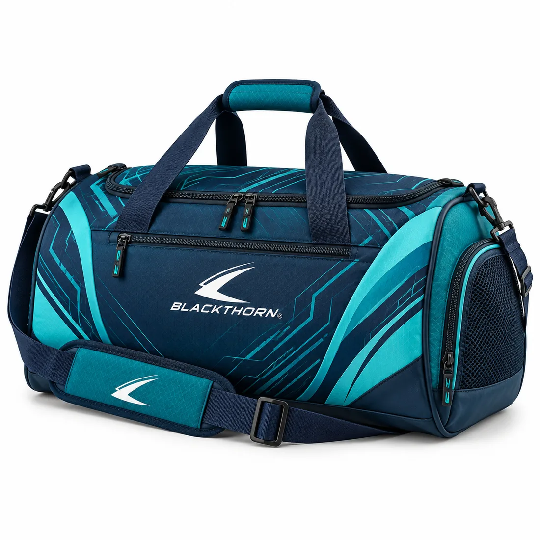 Deep navy private label duffel bag with teal circuit-line panels, mesh shoe end-pocket and padded shoulder strap