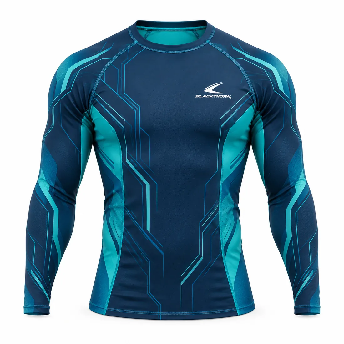 Deep navy long-sleeve rash guard with teal circuit-line panels for cold-climate training, front view