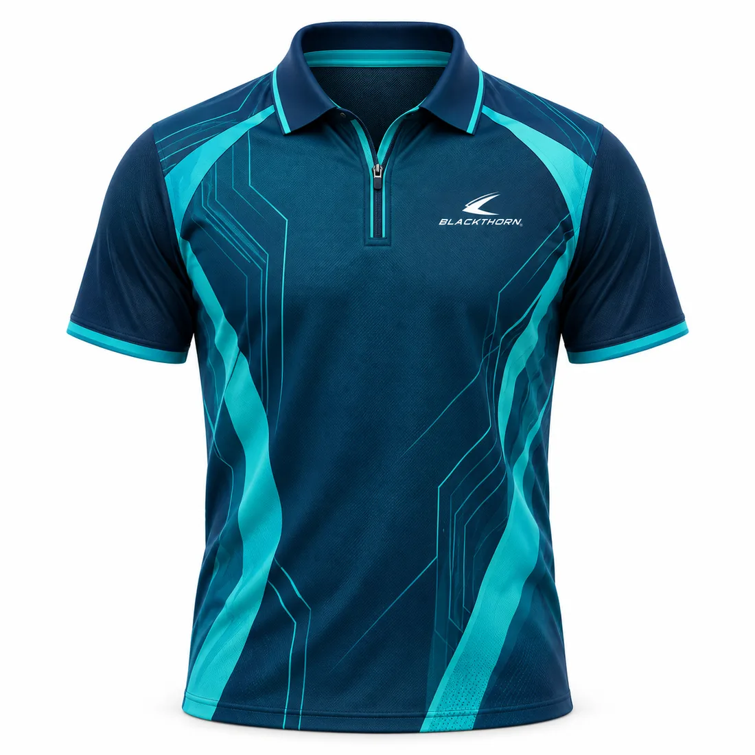 Deep navy sublimated padel polo shirt with teal circuit-line side and shoulder panels, front view