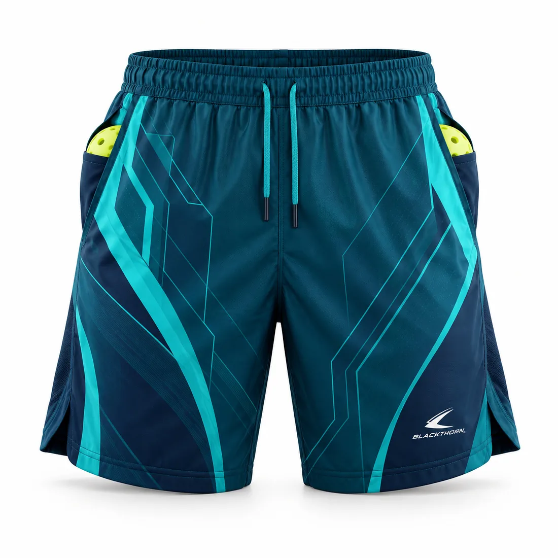 Deep navy pickleball shorts with teal circuit-line panels down the leg and deep ball pocket