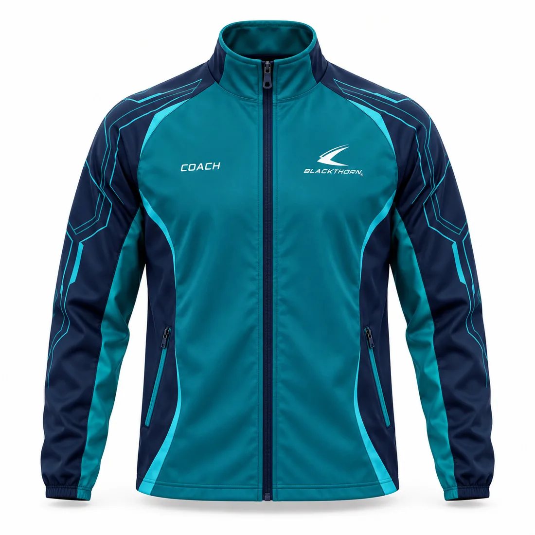 Deep navy softshell coach jacket with teal circuit-line panels and COACH chest print, front view