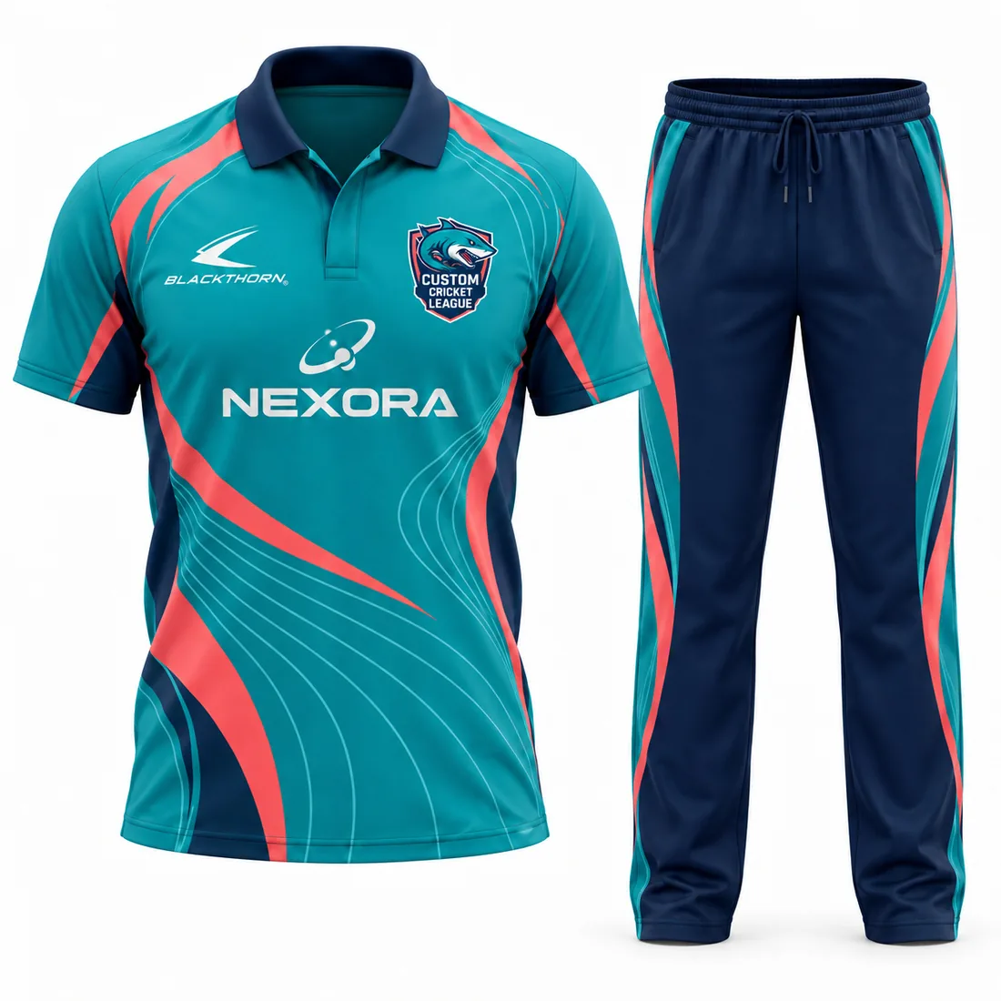 Teal Coral Shark T20 Cricket Kit: custom cricket shirt and trousers, teal, coral and navy, with club crest and sponsor