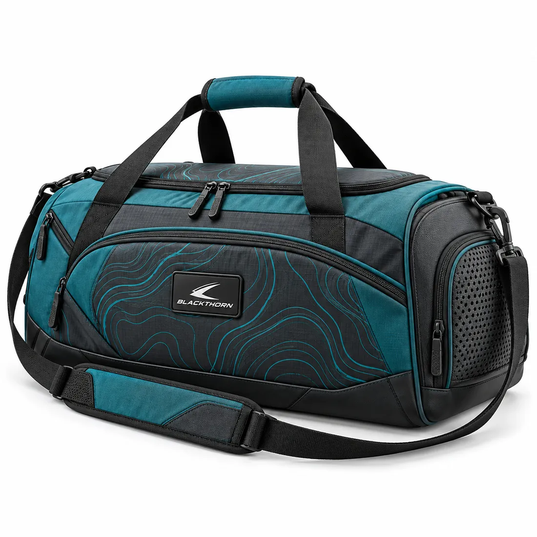Teal Muay Thai duffle bag with graphite front panel, teal topographic lines, logo patch and mesh vented end pocket