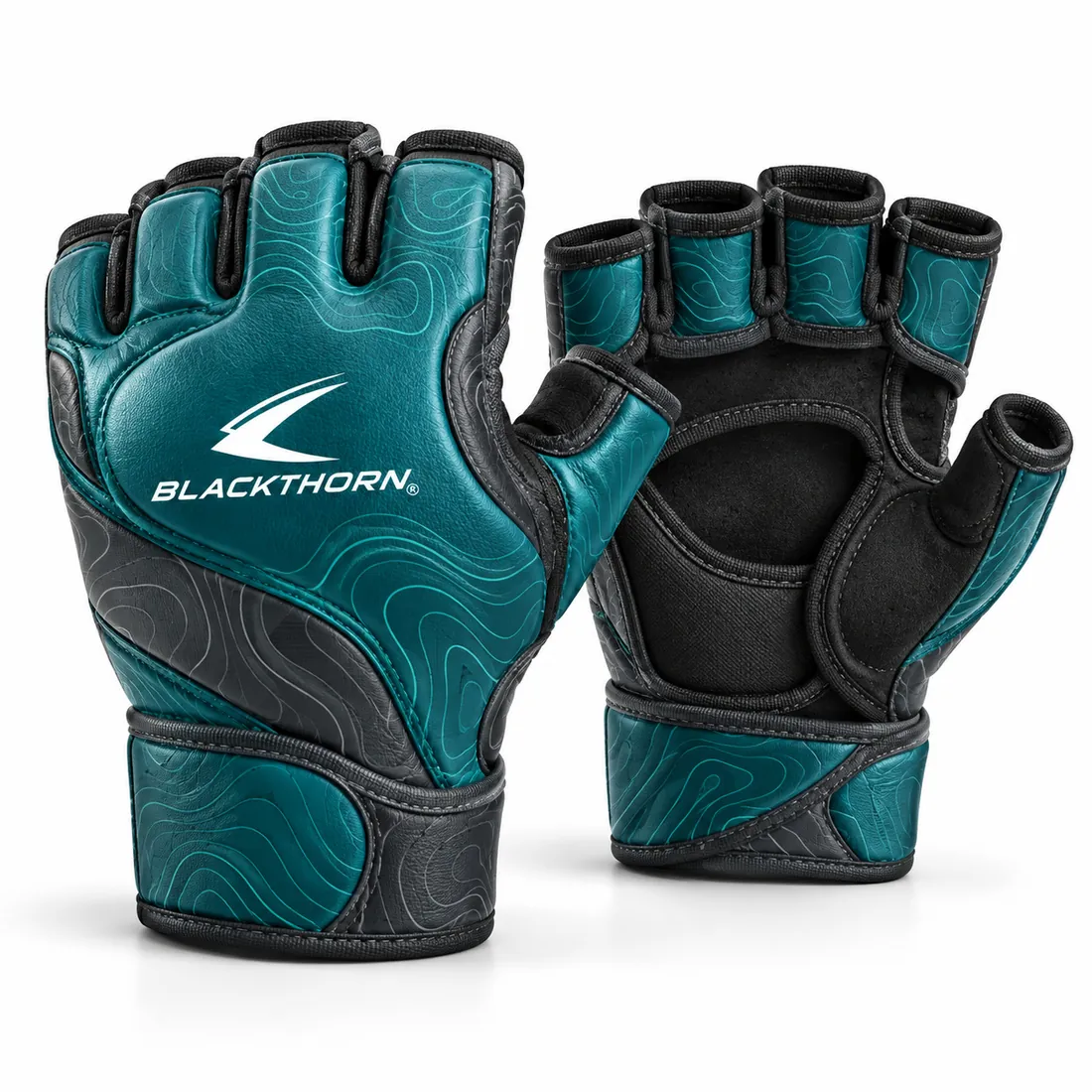 Teal grappling gloves with graphite topographic panels, slim padding, open palms, free thumbs and white Blackthorn logo