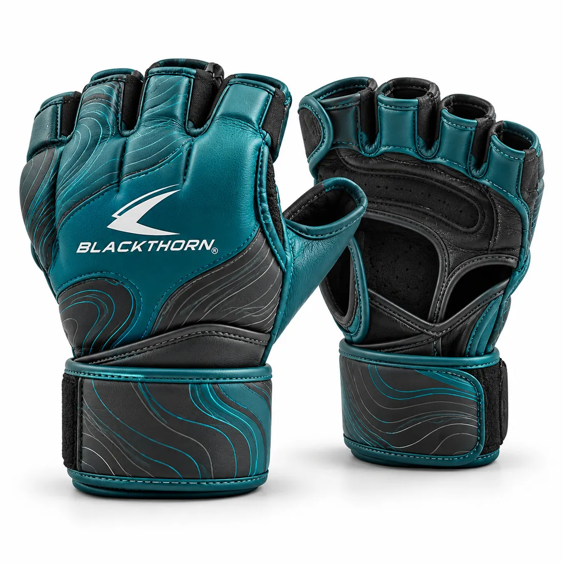 Teal MMA gloves with graphite panels and tonal topographic line print, open fingers and white Blackthorn logo on backhand