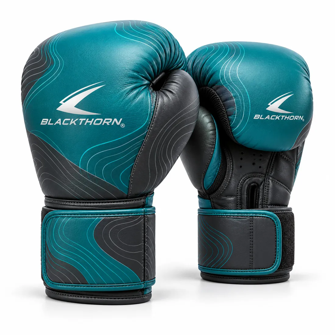 Pair of teal sparring gloves with graphite swoosh, topographic lines and patterned wide strap