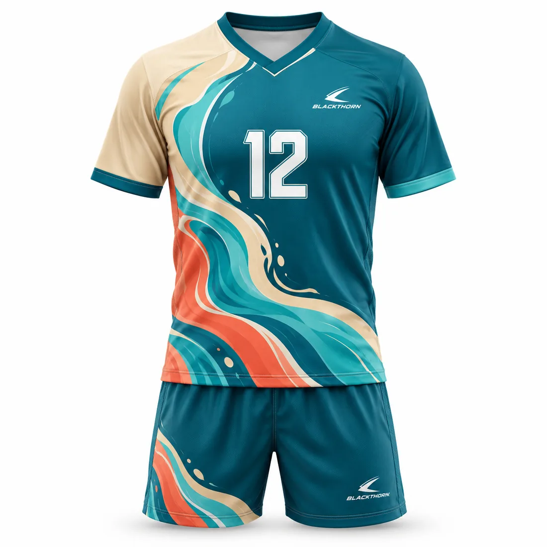 Teal V-neck volleyball jersey and shorts with coral and cream tidal wave print and number 12, lightweight mesh
