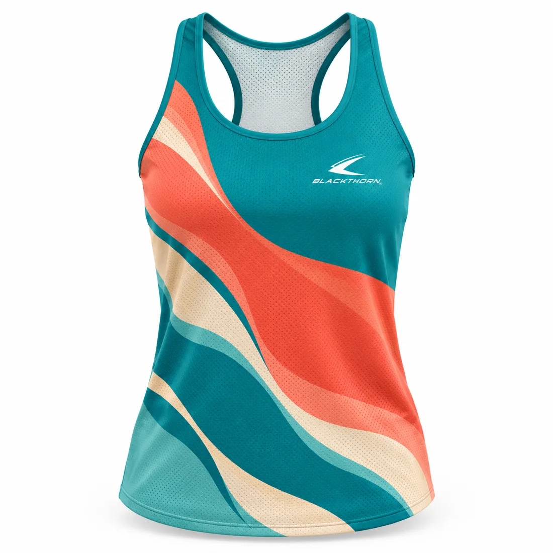 Women's teal racer-back running singlet with coral and cream tidal waves, lightweight mesh for hot weather