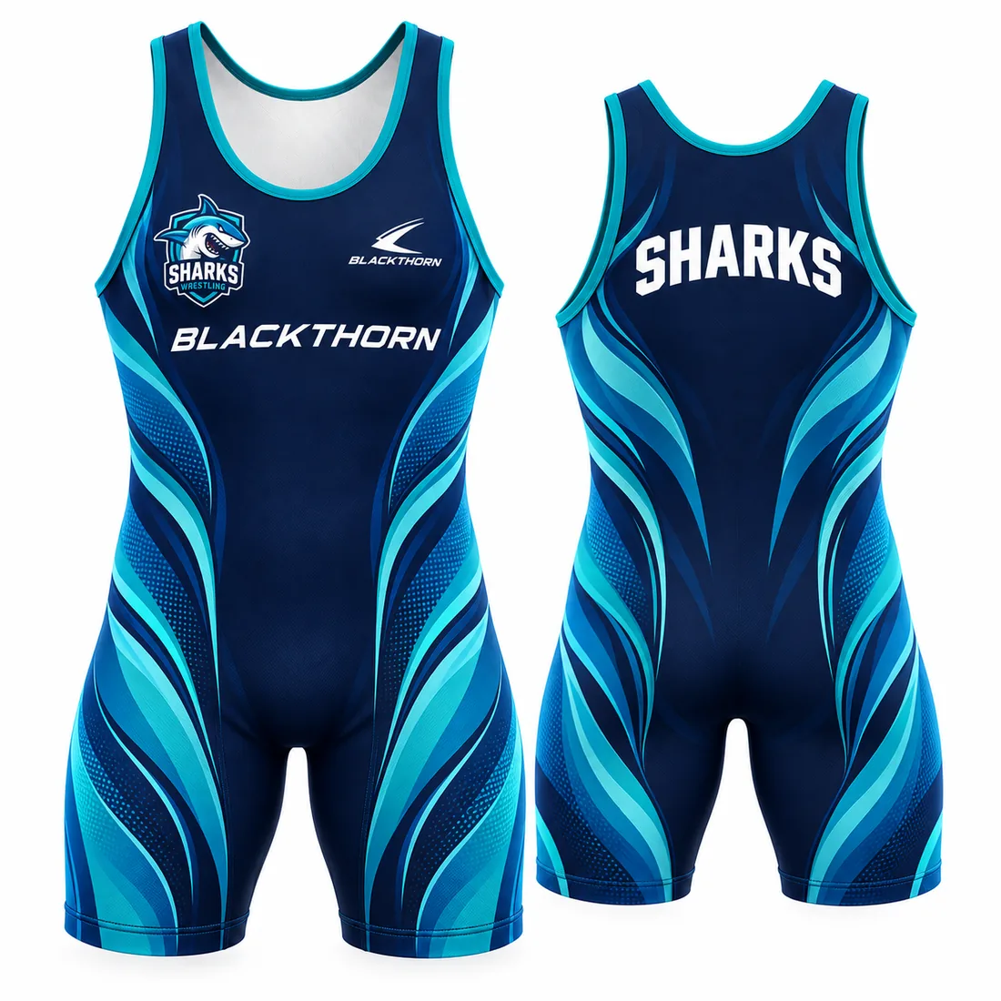 Teal Wave custom sublimated wrestling singlet, navy and teal, shown as the Sharks — front and back