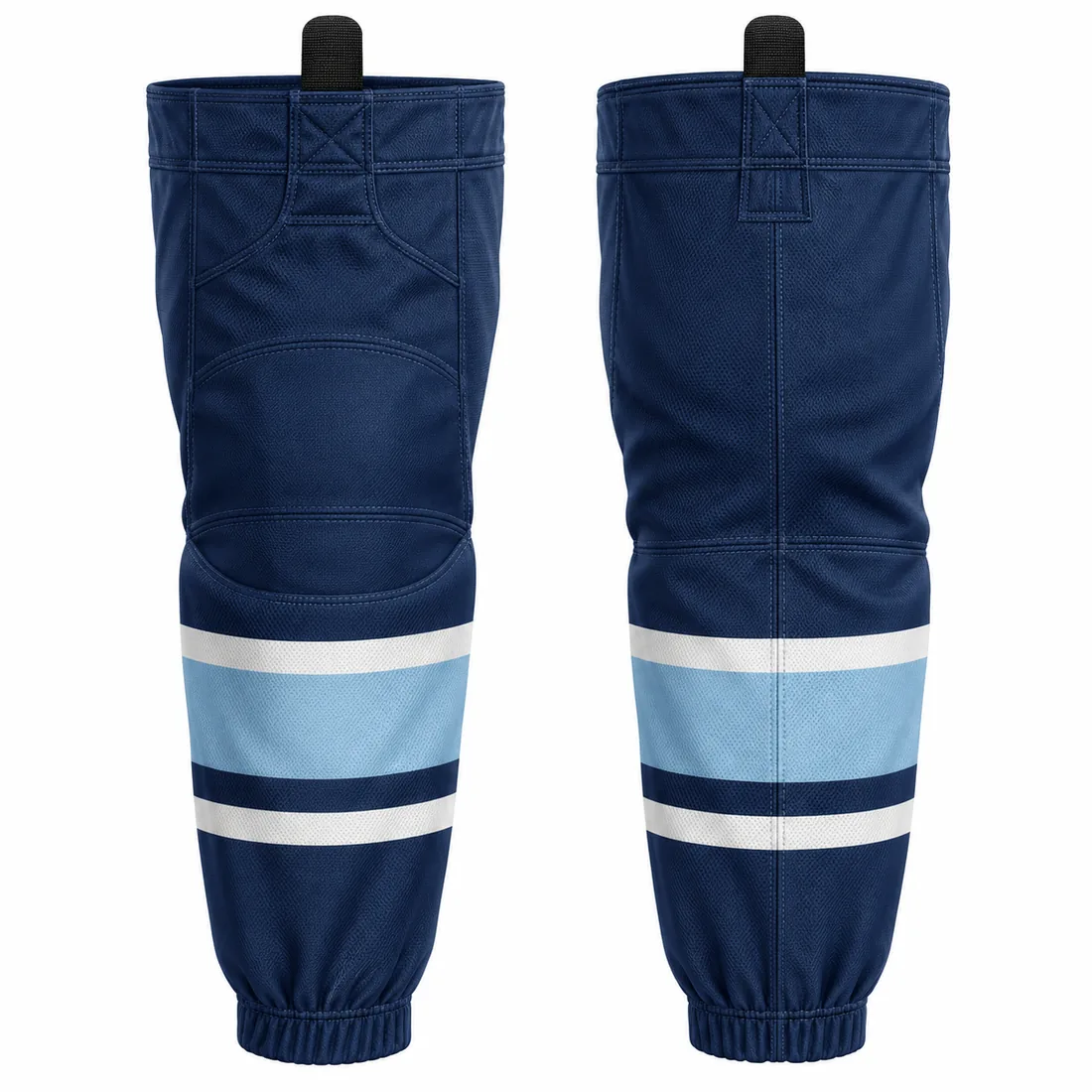 Tech mesh hockey socks with hook-and-loop top, navy and light blue — front and back