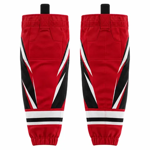 Tech mesh hockey socks with hook-and-loop top, red and black — front and back
