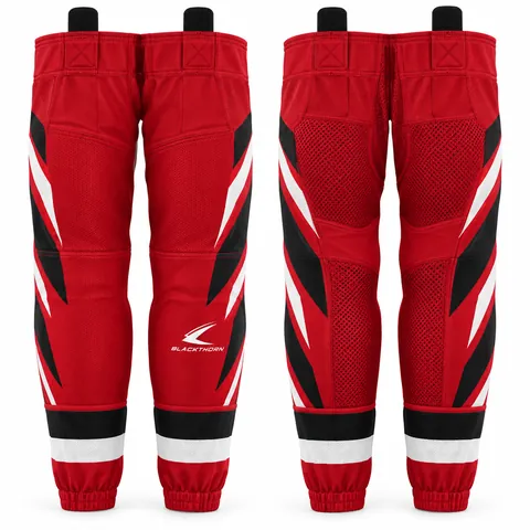 Tech mesh hockey socks with hook-and-loop top, red and black — front and back