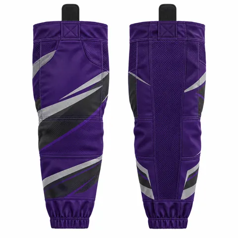 Tech mesh hockey socks with hook-and-loop top, purple and grey — front and back