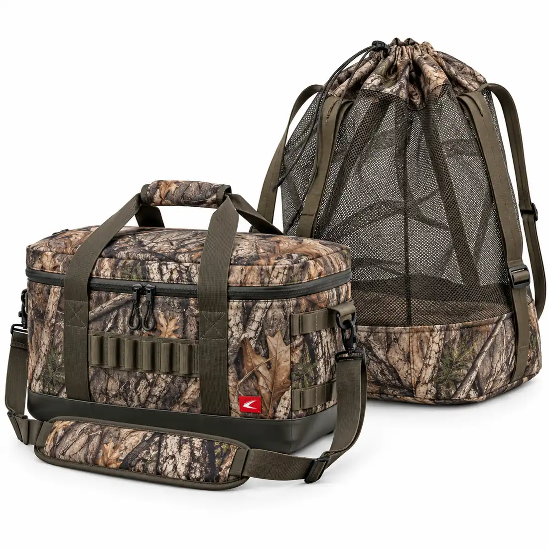Timber camo blind bag with shell loops and camo mesh decoy sack set