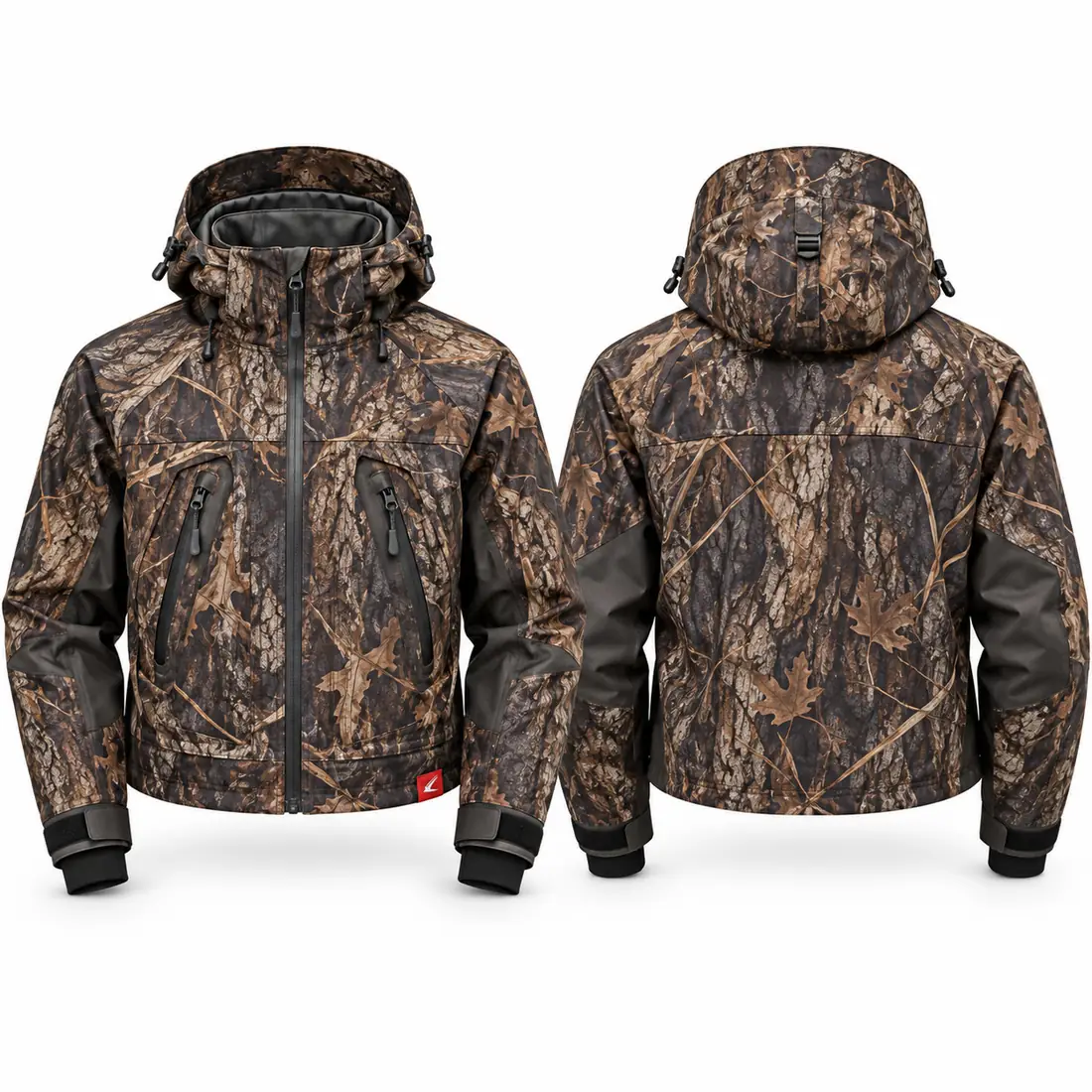 Hooded wader jacket in dark timber bark camo, front view, camo hunting jacket