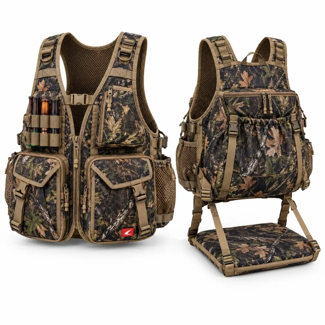 Dark timber shadow camo turkey vest with seat cushion and team name panel on the back