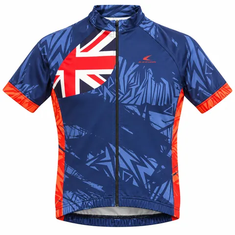 Union Jack Cycling Jersey, custom sublimated cycling jersey with navy and blue abstract graphics — front