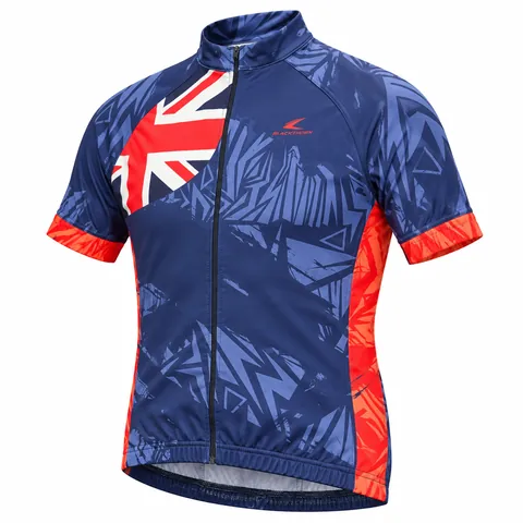 Union Jack Cycling Jersey, custom sublimated cycling jersey with navy and blue abstract graphics — three-quarter view