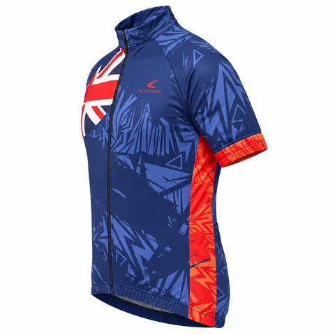 Union Jack Cycling Jersey, custom sublimated cycling jersey with navy and blue abstract graphics — left side