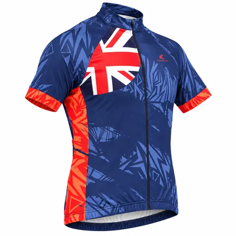 Union Jack Cycling Jersey, custom sublimated cycling jersey with navy and blue abstract graphics — right side
