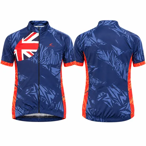 Union Jack Cycling Jersey, custom sublimated cycling jersey with navy and blue abstract graphics — front and back