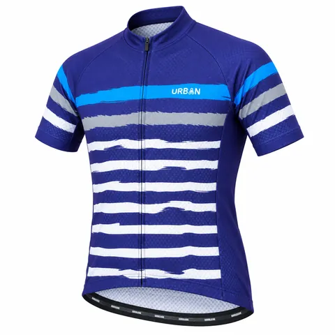 Urban Striped Cycling Jersey, custom sublimated cycling jersey with brushstroke horizontal stripes in royal blue — three-quarter view