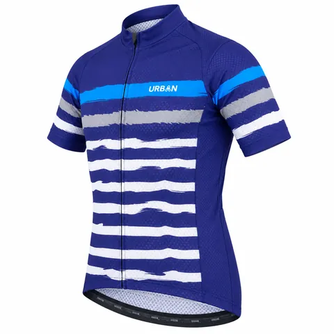 Urban Striped Cycling Jersey, custom sublimated cycling jersey with brushstroke horizontal stripes in royal blue — left side