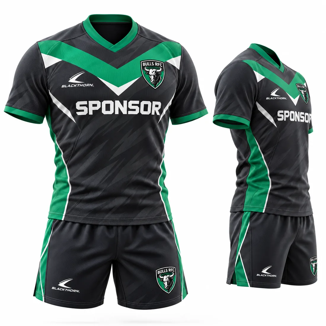 Vanguard Chevron Rugby Kit — black / emerald green / white custom rugby kit made to order by Blackthorn World