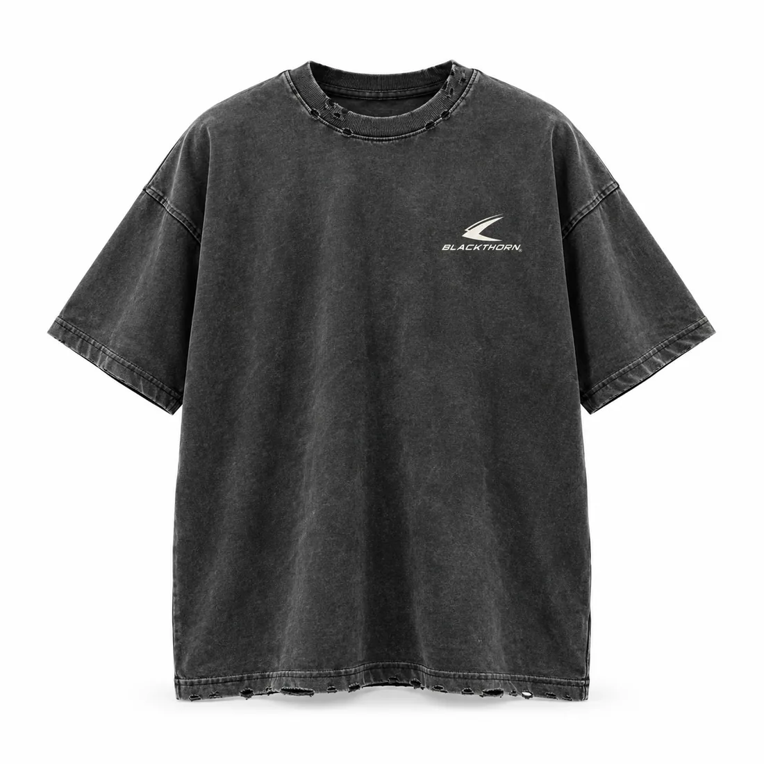 Washed vintage-black boxy T-shirt with distressed raw neck and hem and faded chest print