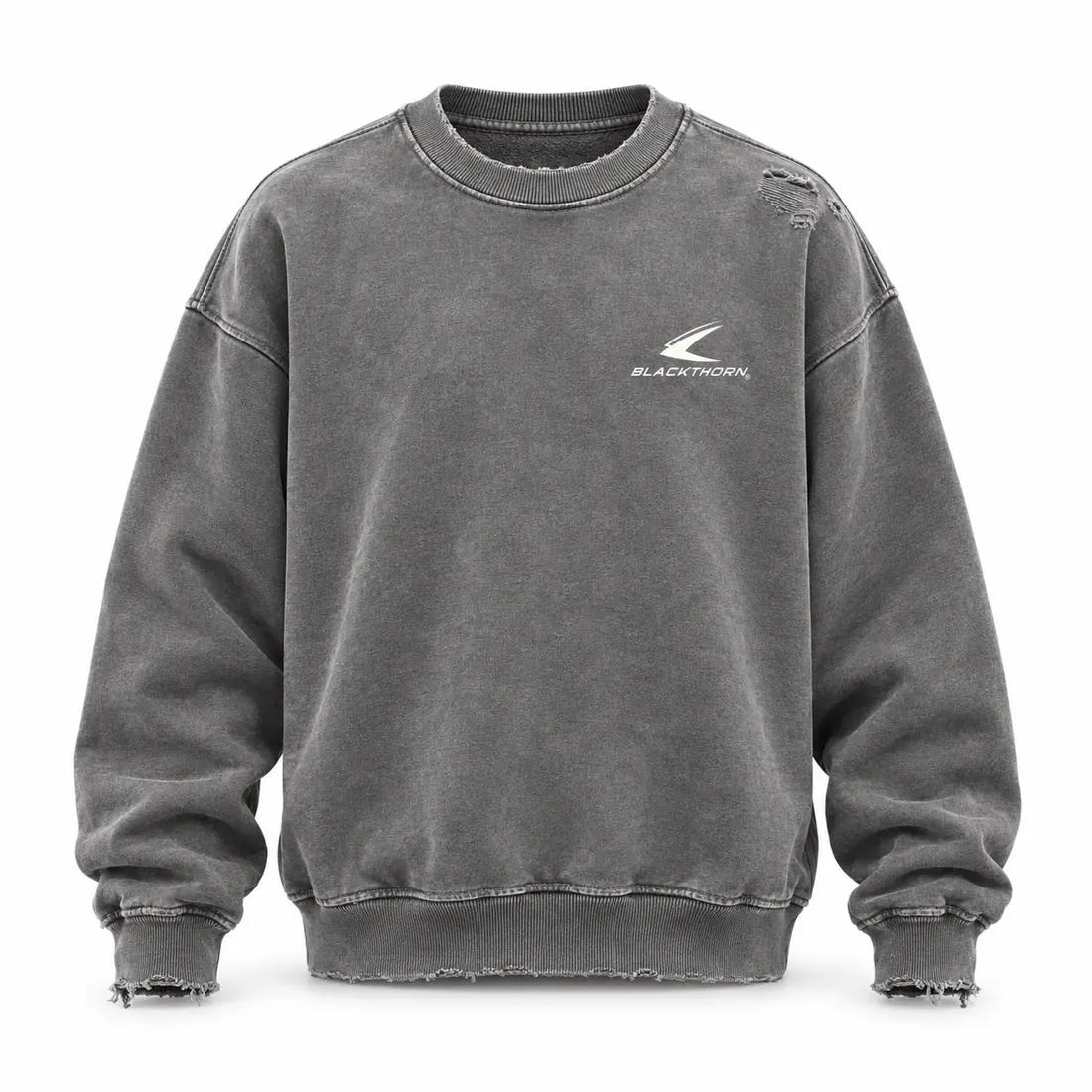 Washed vintage grey distressed crewneck sweatshirt with faded event print and worn cuffs