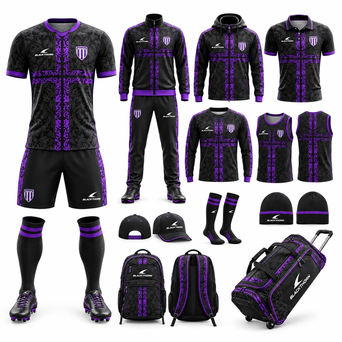 Violet Baroque custom soccer team package in black and violet: match kit, tracksuit, jackets, polo, training wear, cap, beanie, backpack and kit bag