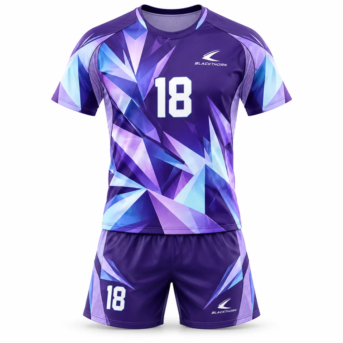 Violet and blue crystal-prism handball jersey and shorts with number 18, custom kit for gym leagues