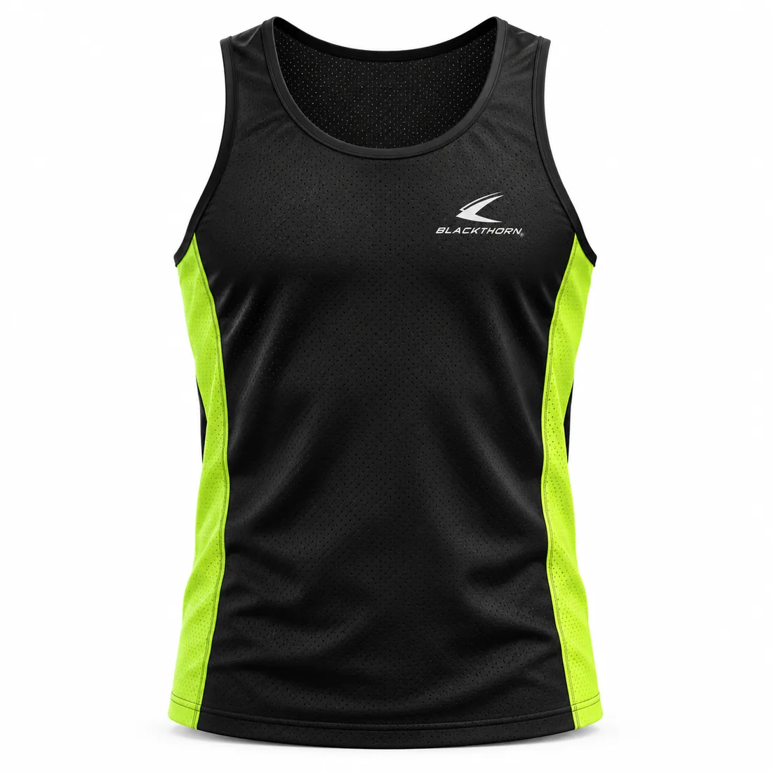 Black fitness racing singlet with neon-volt high-vis side panels, front view