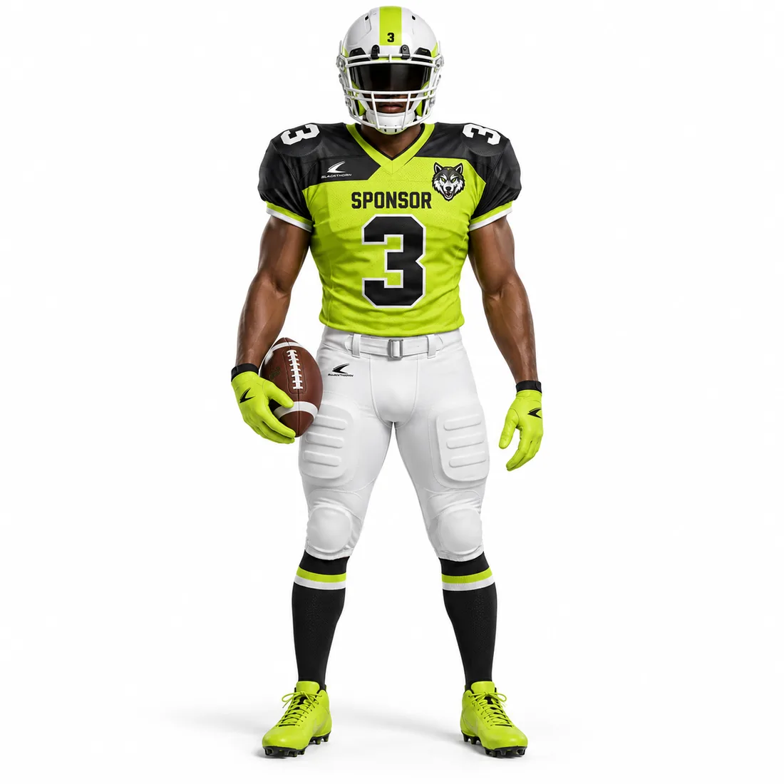 Volt Strike American Football Uniform — volt lime / black / white custom American football uniform made to order by Blackthorn World