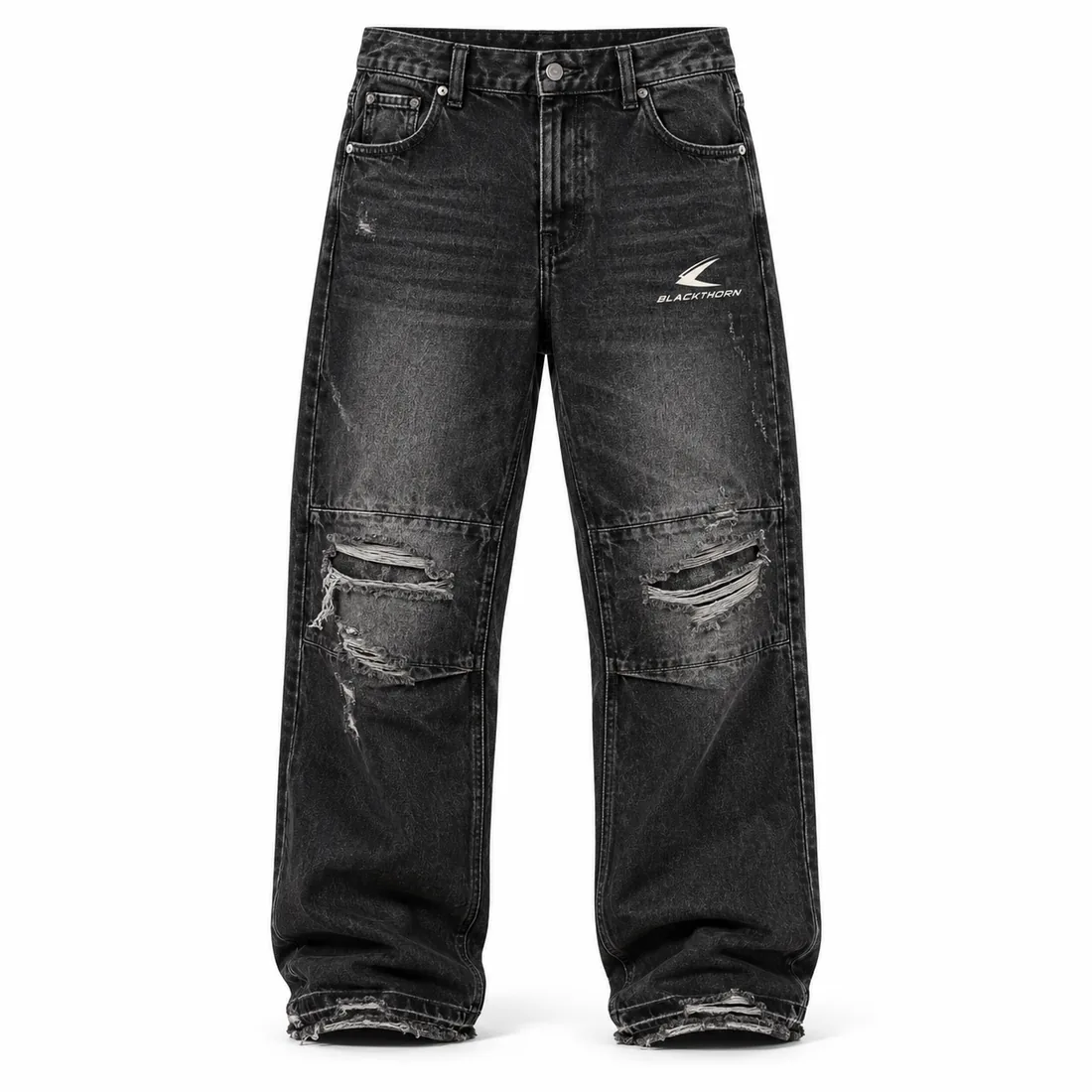 Washed black straight-leg ripped denim jeans with distressed knees and branded back patch