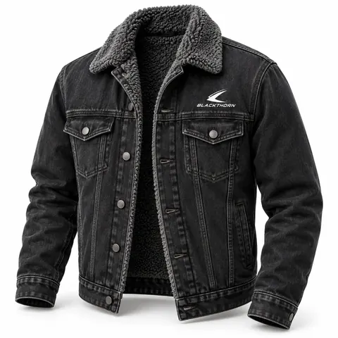 Washed Black Sherpa Denim Jacket with Grey Collar — Sherpa denim jackets by Blackthorn World