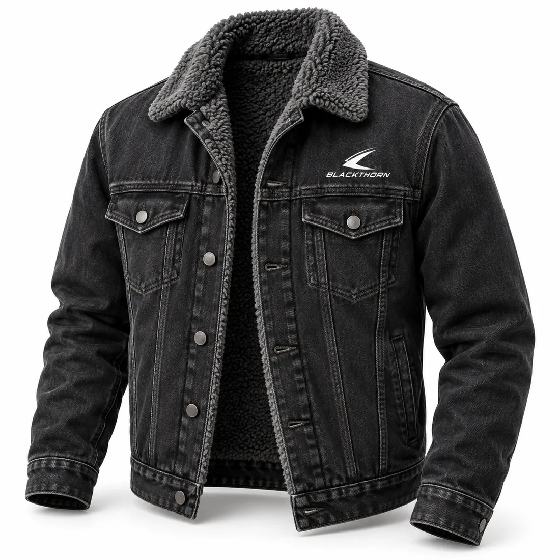 Washed Black Sherpa Denim Jacket with Grey Collar — sherpa denim jackets by Blackthorn World