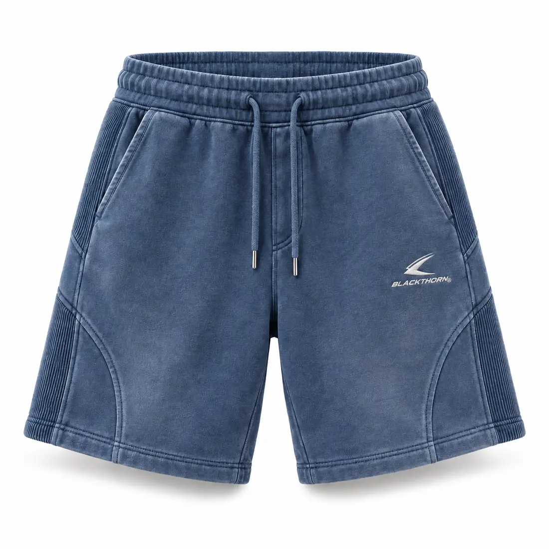 Washed denim-blue sweat shorts with curved side panels and tonal embroidered logo, front view