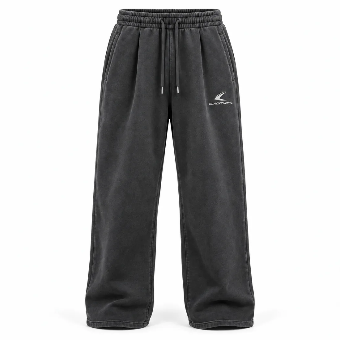 Washed charcoal wide-leg sweatpants with tonal 3D embroidered hip logo, front view