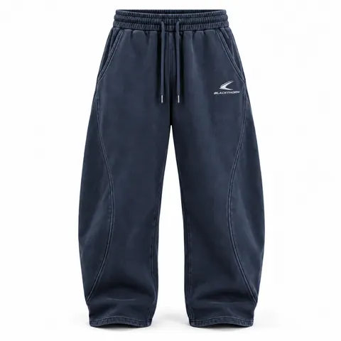 Washed Navy Barrel-Leg Embroidered Sweatpants — Streetwear · Sweatpants, cargo & denim trousers by Blackthorn World