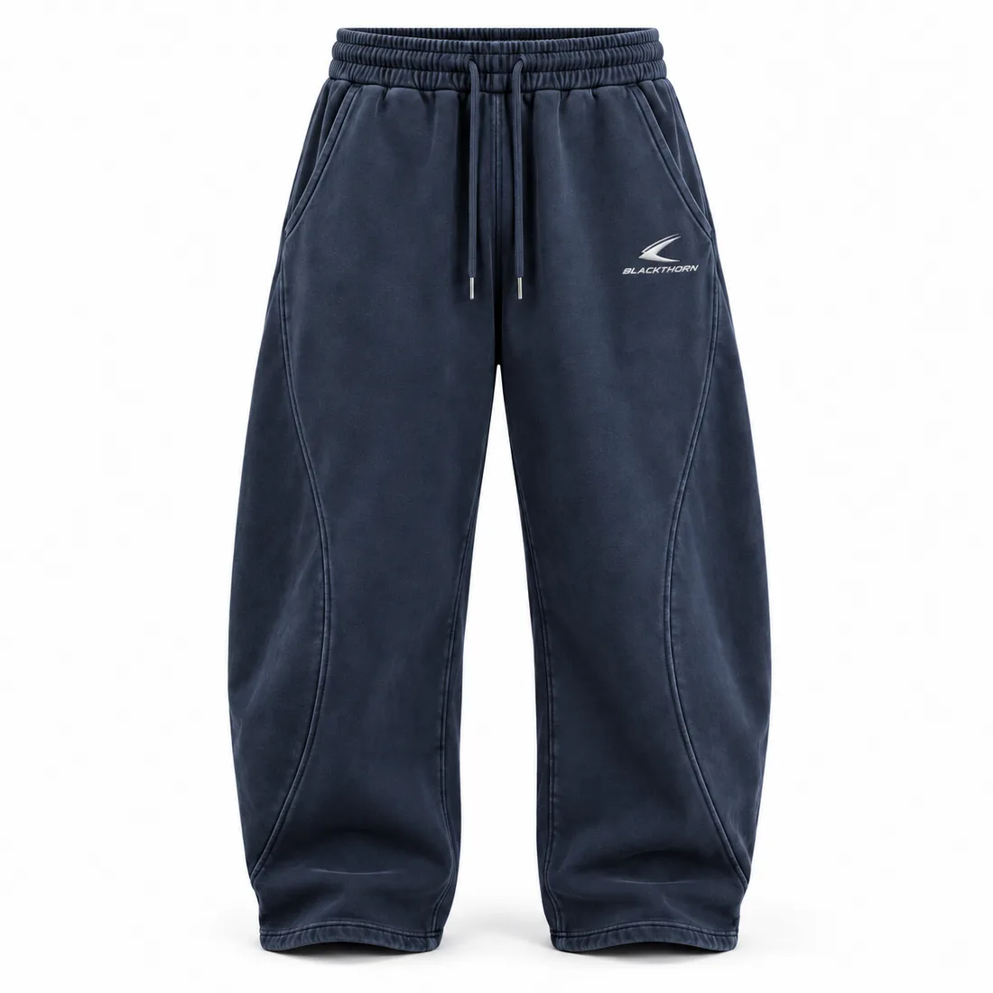 Washed navy barrel-leg balloon sweatpants with tonal embroidered logo, front view