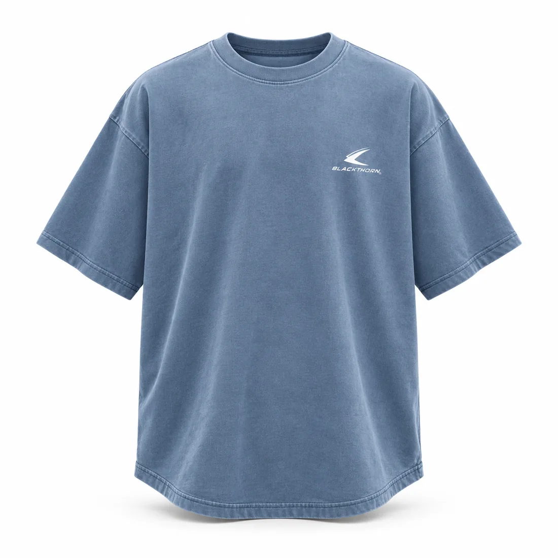 Washed sky-blue boxy tournament T-shirt with curved hem and small chest logo, front view