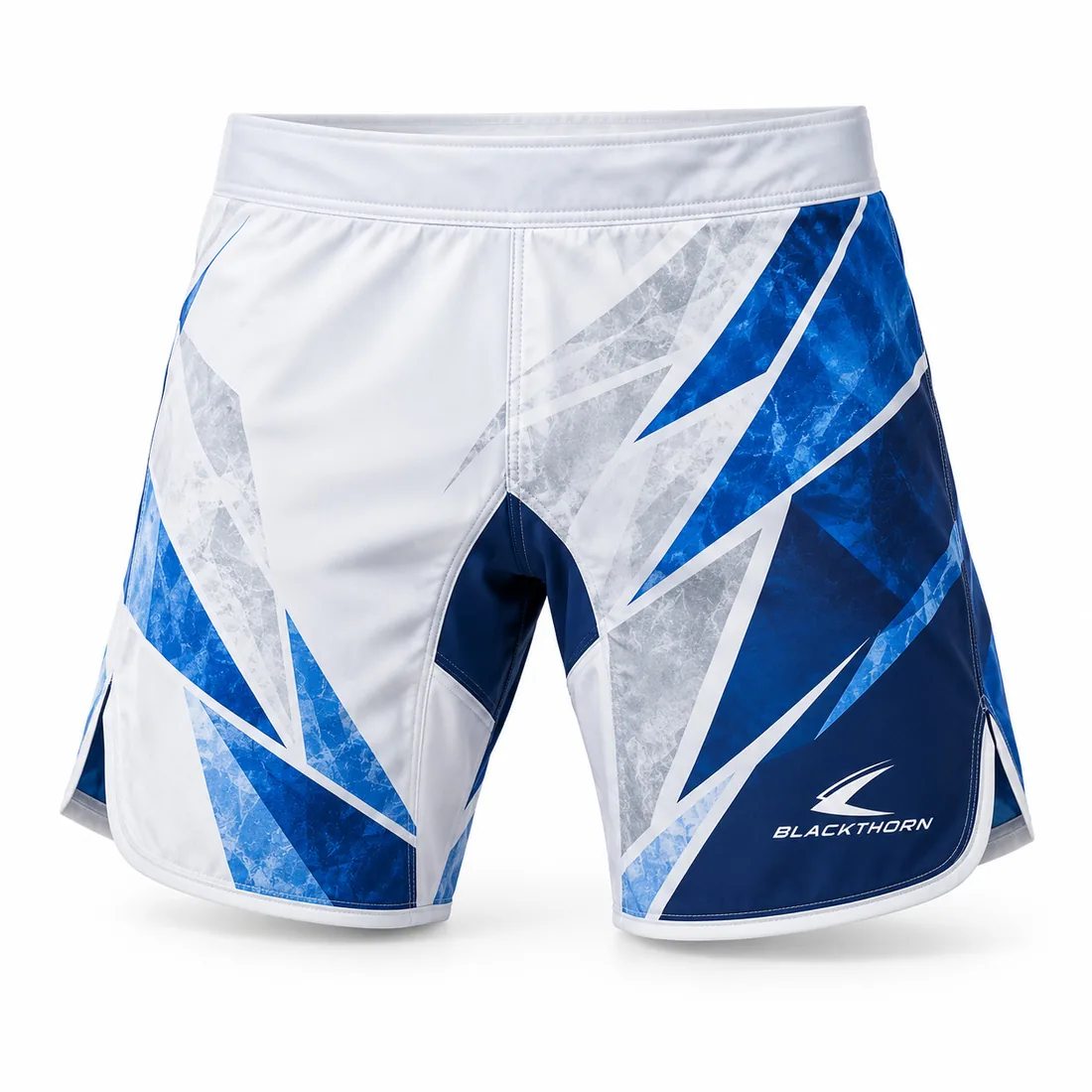 White MMA competition shorts with royal-blue and sky-blue ice-shard graphics and side splits