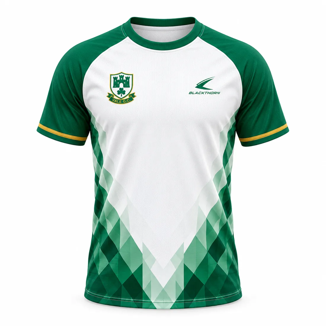 White Green Diamond custom sublimated GAA jersey, white and green — front view